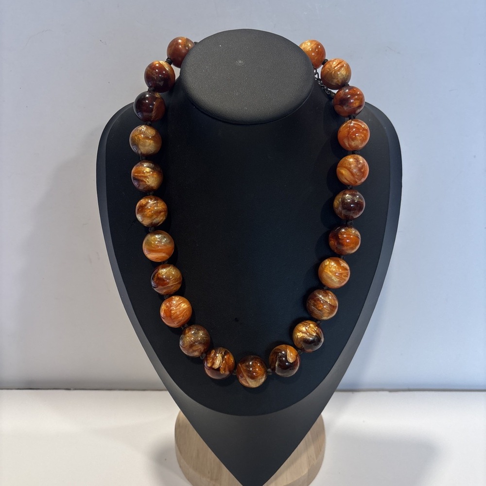 Vintage Marbled Faux Amber Resin Chunky Bead Necklace - Hand Knotted - 74g -21"